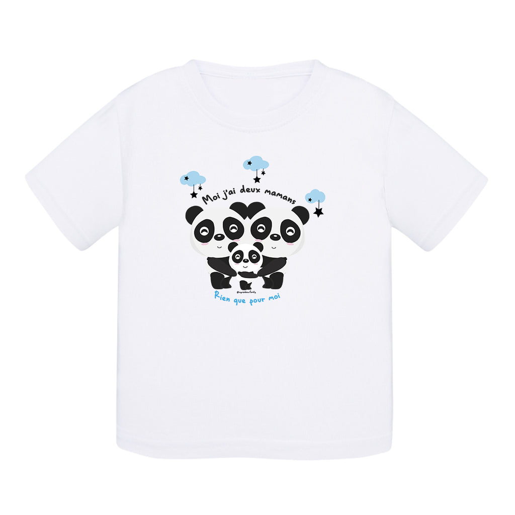 T-shirt bébé coton - Deux mamans pandas - Bleu - My Rainbow Family - Boutique homoparentalité