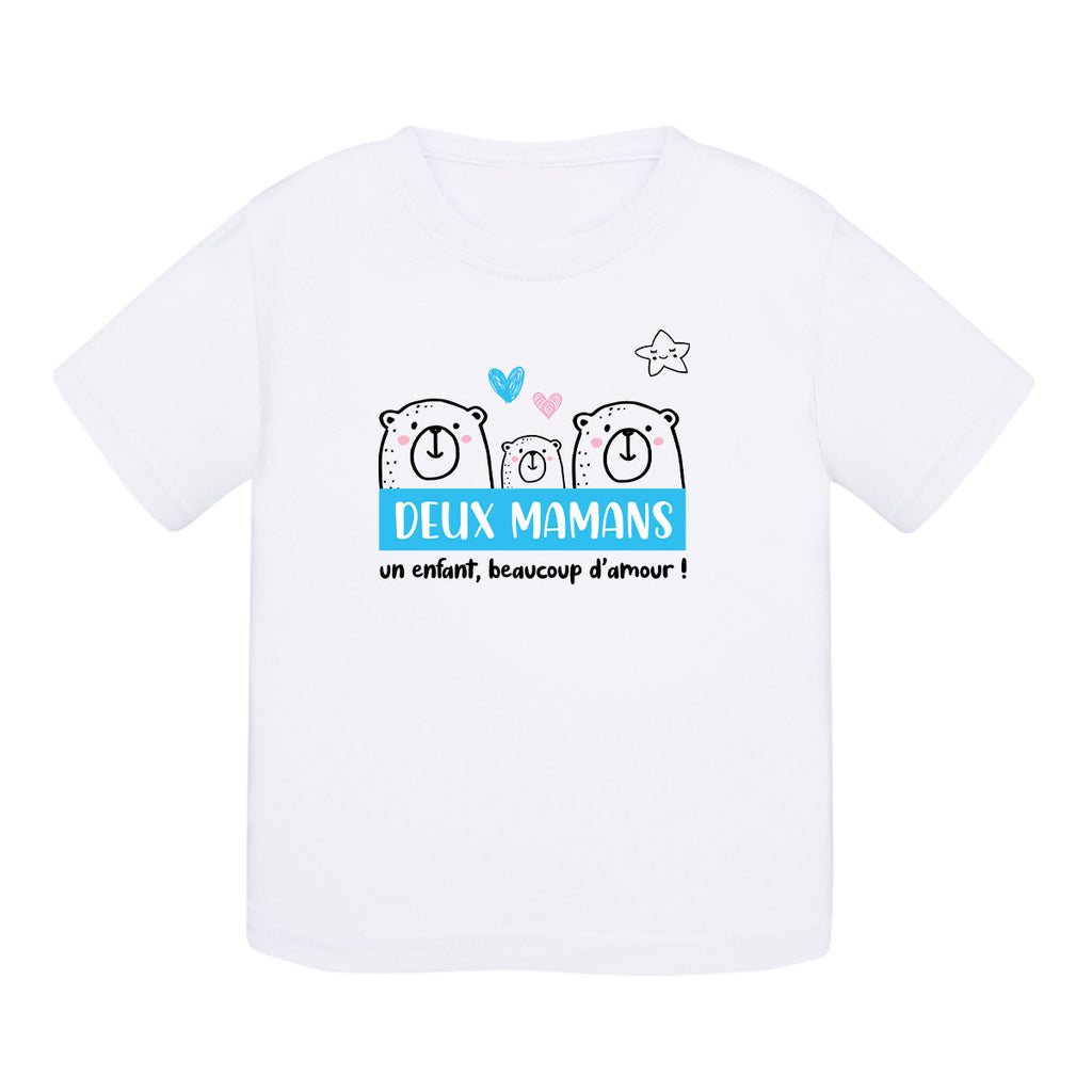 T-shirt bébé coton - Deux mamans, beaucoup d’amour - Bleu - My Rainbow Family - Boutique homoparentalité